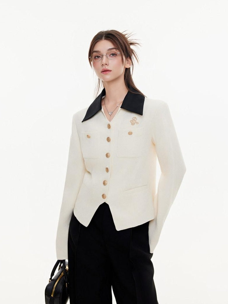 ikyou Office Slim Fit White Lapel Button Multi Pocket Women Cropped Jackets