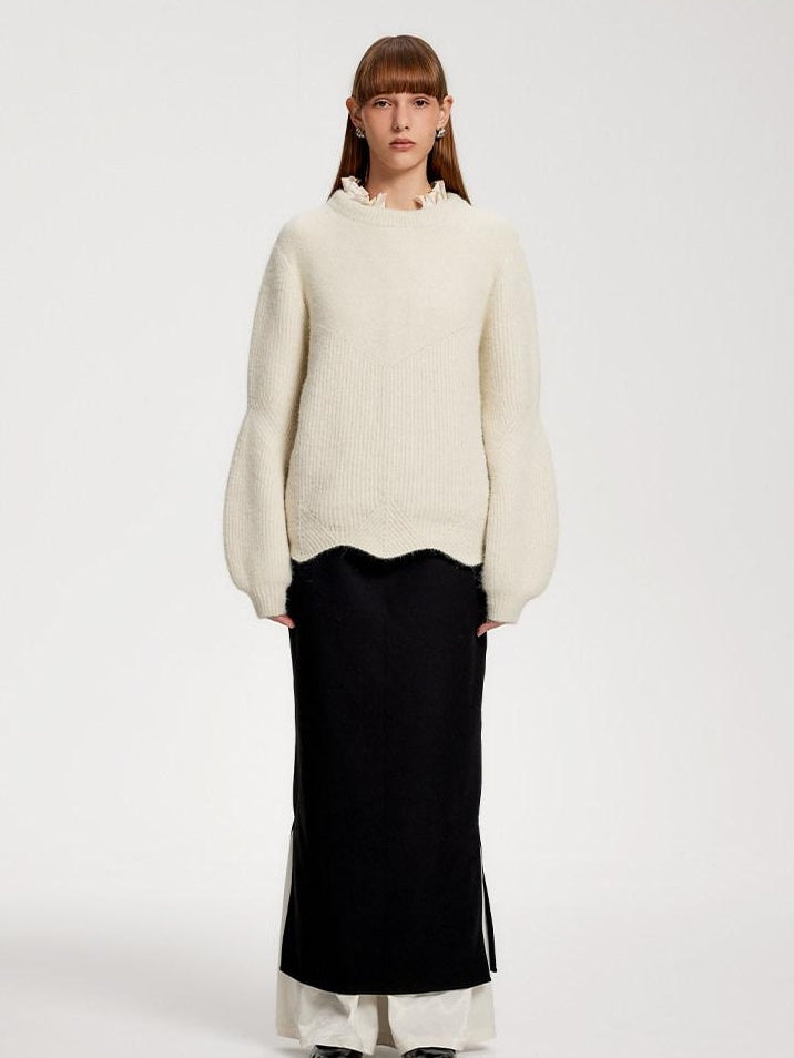 someone sometimes Recycled Viscose Wool Blend Commuter Crew Neck Pullover Cream Sweaters