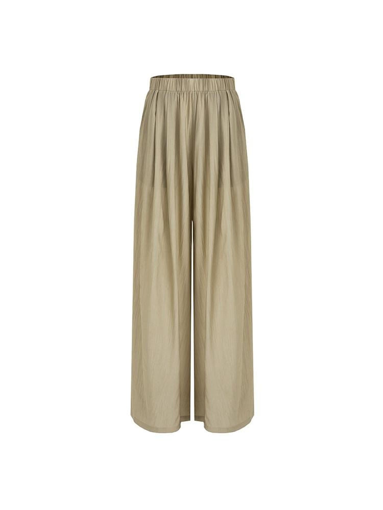 unspoken High Waist Pleated Elastic Workwear Khaki Viscose Wide Leg Pants
