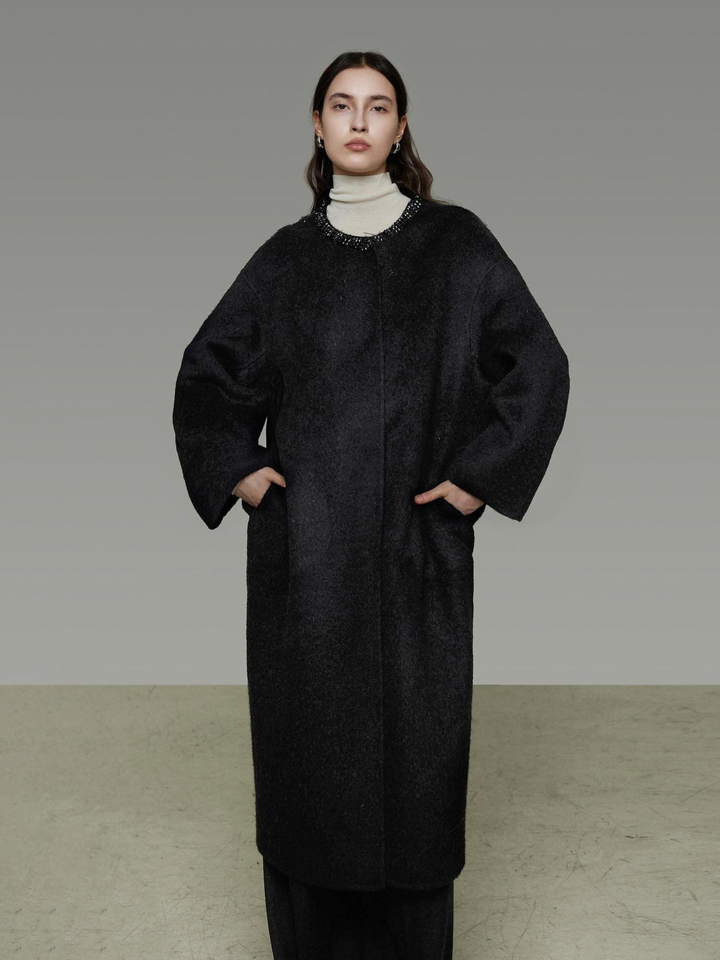 unspoken Heavyweight Lambswool Blend Minimal Commuter Loose Longline Black Wool Coats