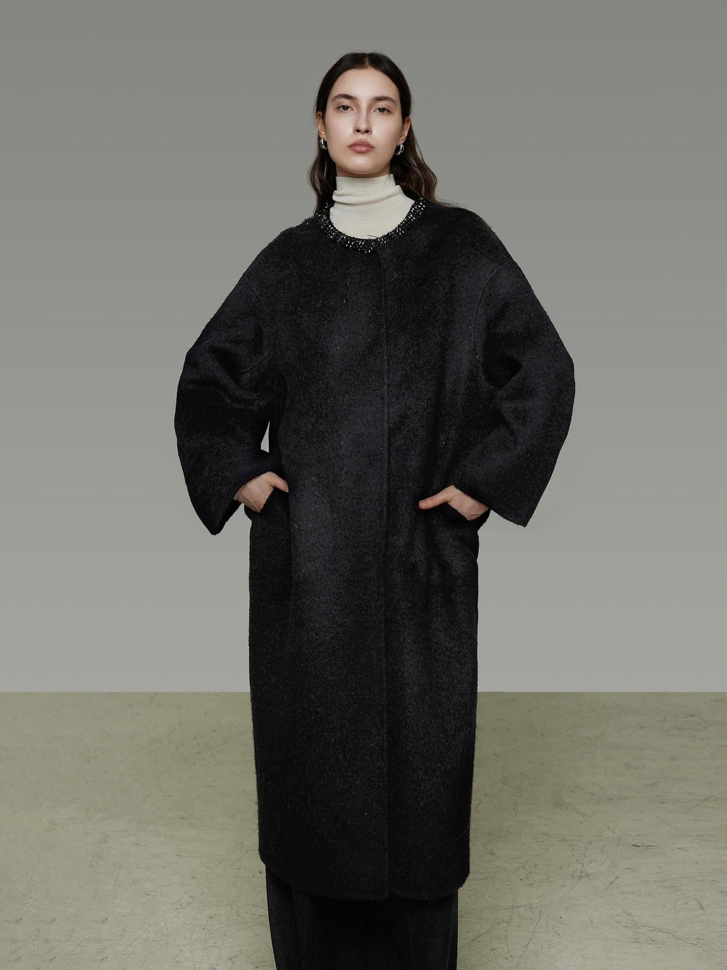 unspoken Heavyweight Lambswool Blend Minimal Commuter Loose Longline Black Wool Coats