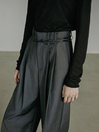 unspoken Breathable Minimal Commuter Belted Natural Waist Women Dark Gray Wide Leg Pants