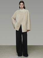 unspoken Warm Cream Collarless Minimalist Relaxed Fit Women Polyester Short Coat