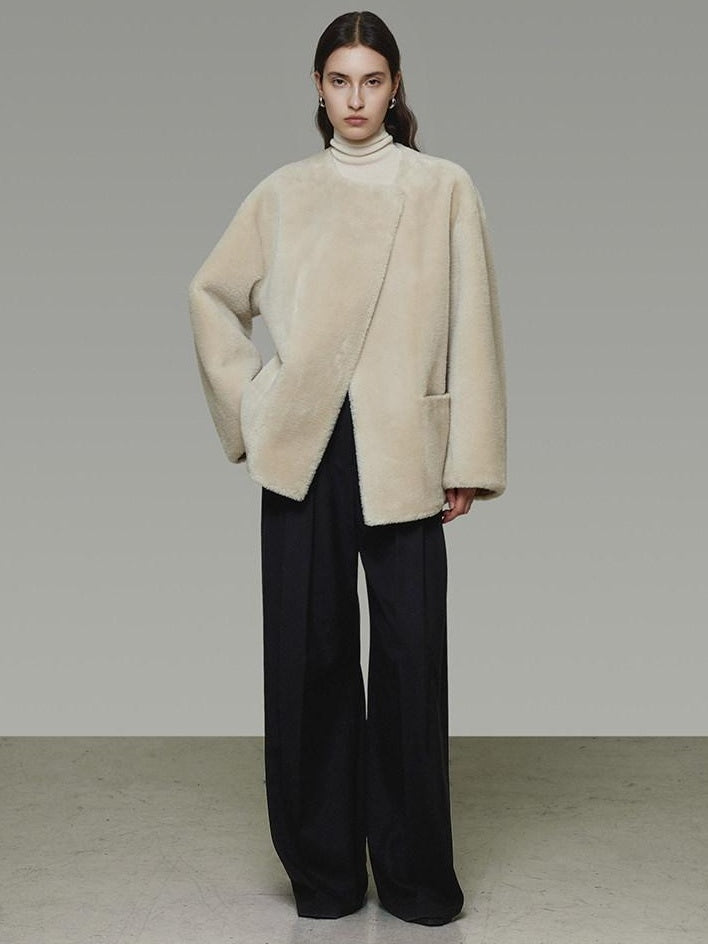 unspoken Warm Cream Collarless Minimalist Relaxed Fit Women Polyester Short Coat