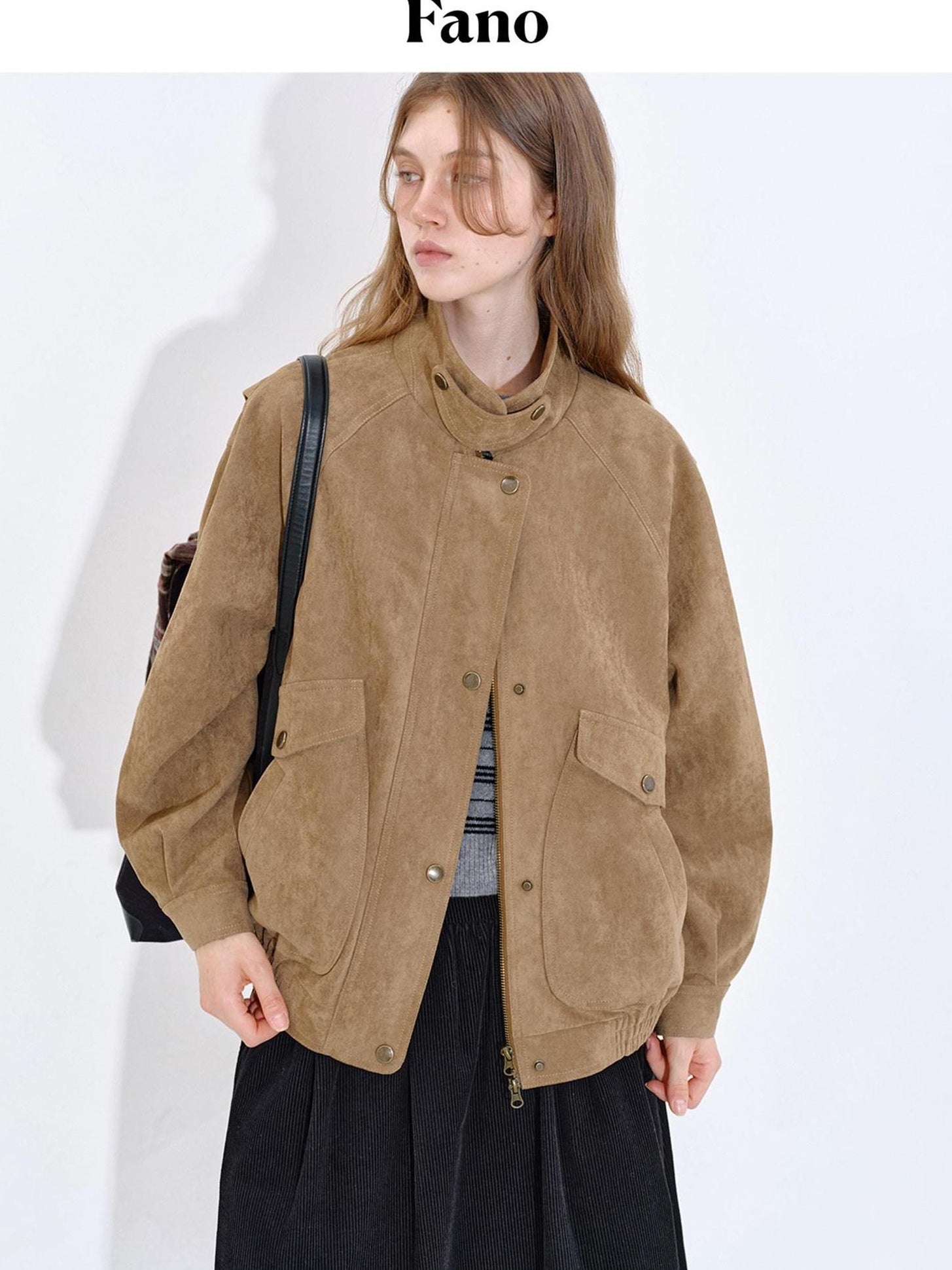 fano Pocketed Khaki Loose Fit Commuter Stand Collar Youth Polyester Bomber Jackets