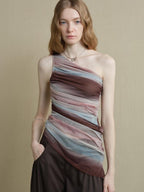 someonesometimes Breathable Tie Dye Stripe Print Slim Fit Versatile Women Off Shoulder Crop Tops