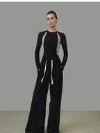 unspoken High Waist Drawstring Pockets Minimalist Workwear For Women Black Wide Leg Pants