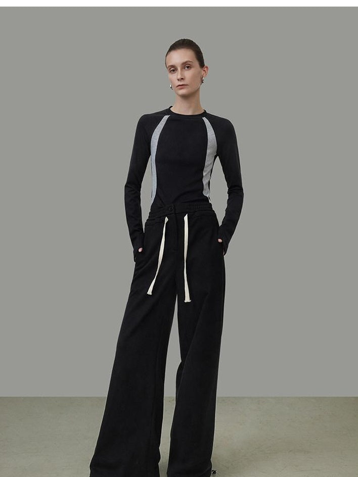 unspoken High Waist Drawstring Pockets Minimalist Workwear For Women Black Wide Leg Pants