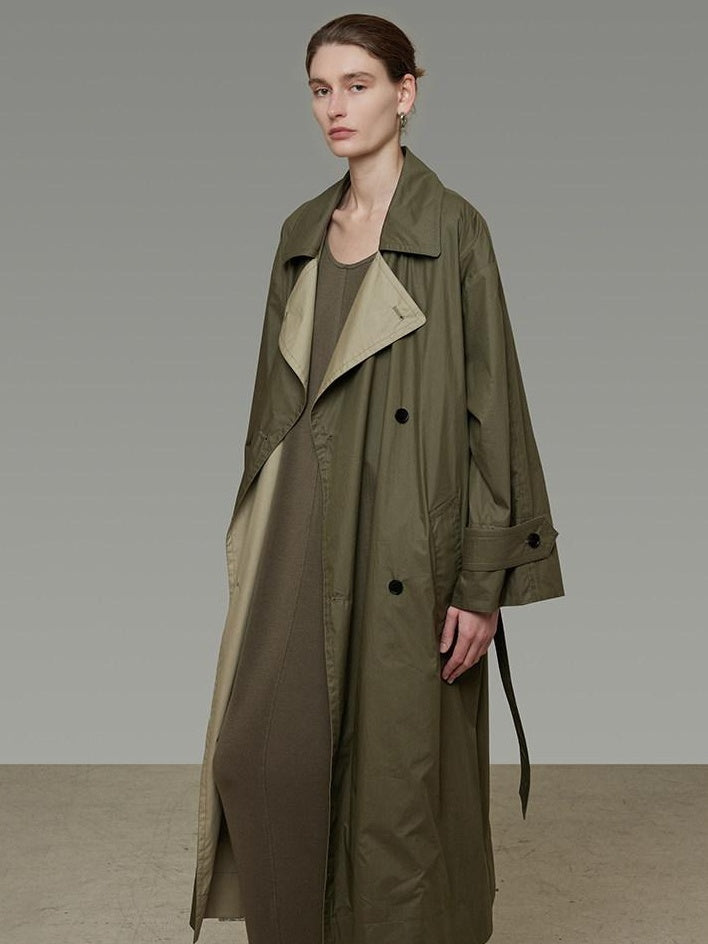 unspoken Minimal Commuter Long Double Breasted Loose Fit Women Black Olive Trench Coats