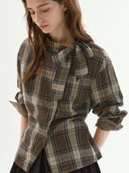 fano Soft Cotton Tie Bow Plaid Long Sleeve Stand Collar Office Cardigan Women Blouses