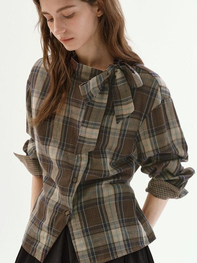 fano Soft Cotton Tie Bow Plaid Long Sleeve Stand Collar Office Cardigan Women Blouses