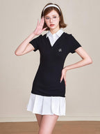 ikyou 100 Percent Cotton Waist Cinch Patchwork Collared Short Sleeve Midi Dresses