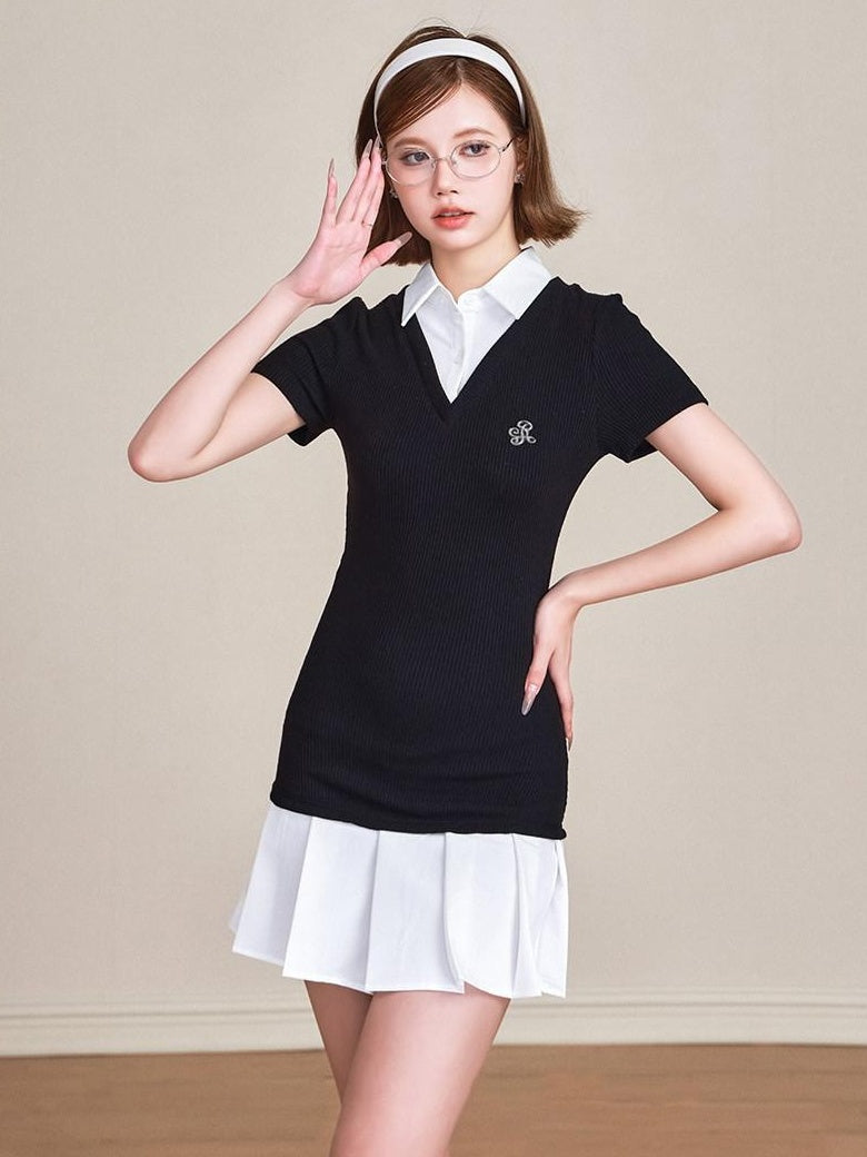 ikyou 100 Percent Cotton Waist Cinch Patchwork Collared Short Sleeve Midi Dresses