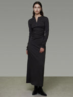 unspoken Breathable Tencel Ruched High Waist A Line Long Sleeve Slim Office Maxi Dresses