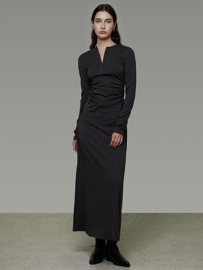 unspoken Breathable Tencel Ruched High Waist A Line Long Sleeve Slim Office Maxi Dresses
