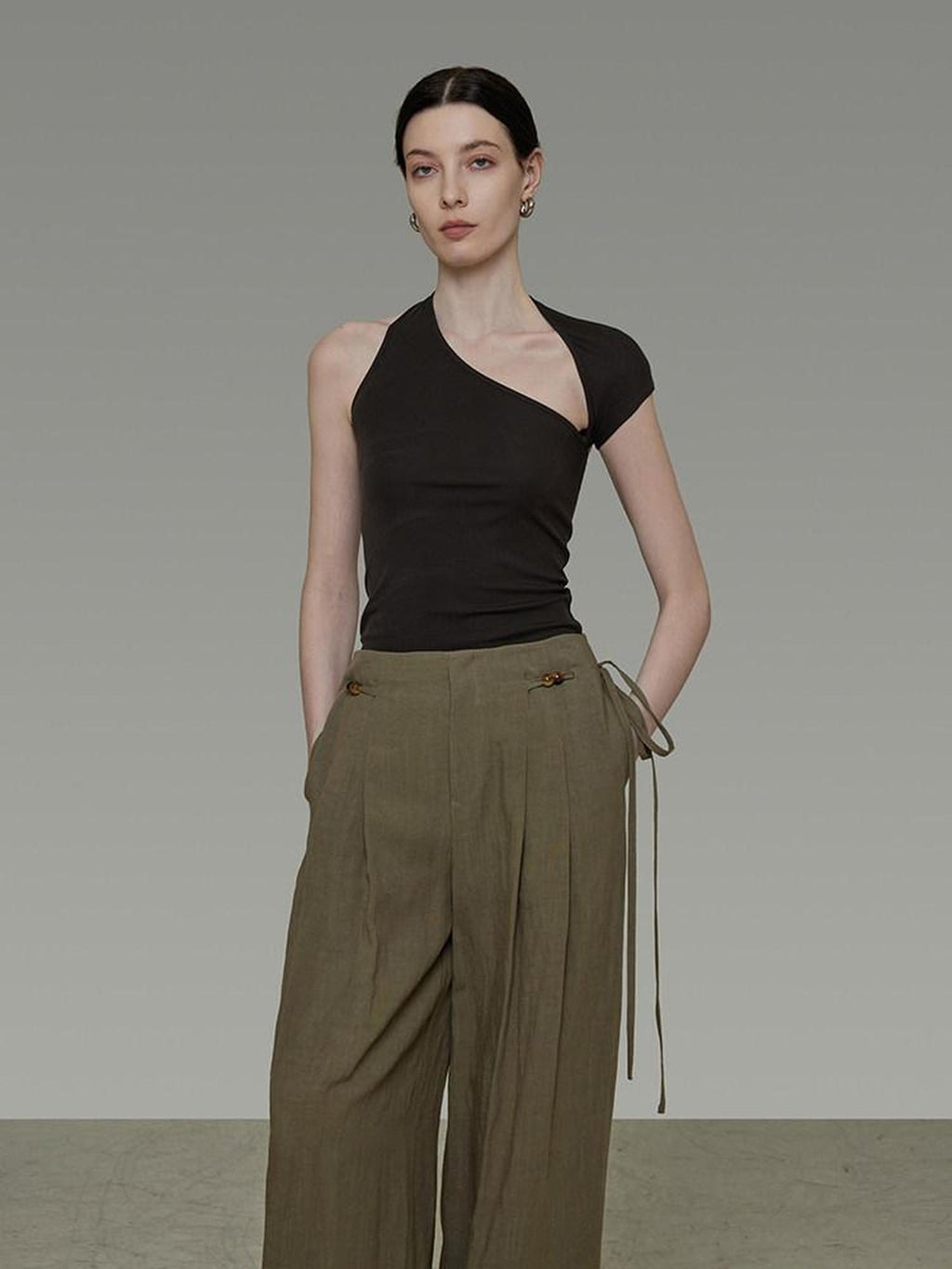 unspoken Soft Lyocell Asymmetric Neck Fitted Stone Green Off Shoulder Crop Tops