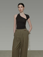 unspoken Soft Lyocell Asymmetric Neck Fitted Stone Green Off Shoulder Crop Tops