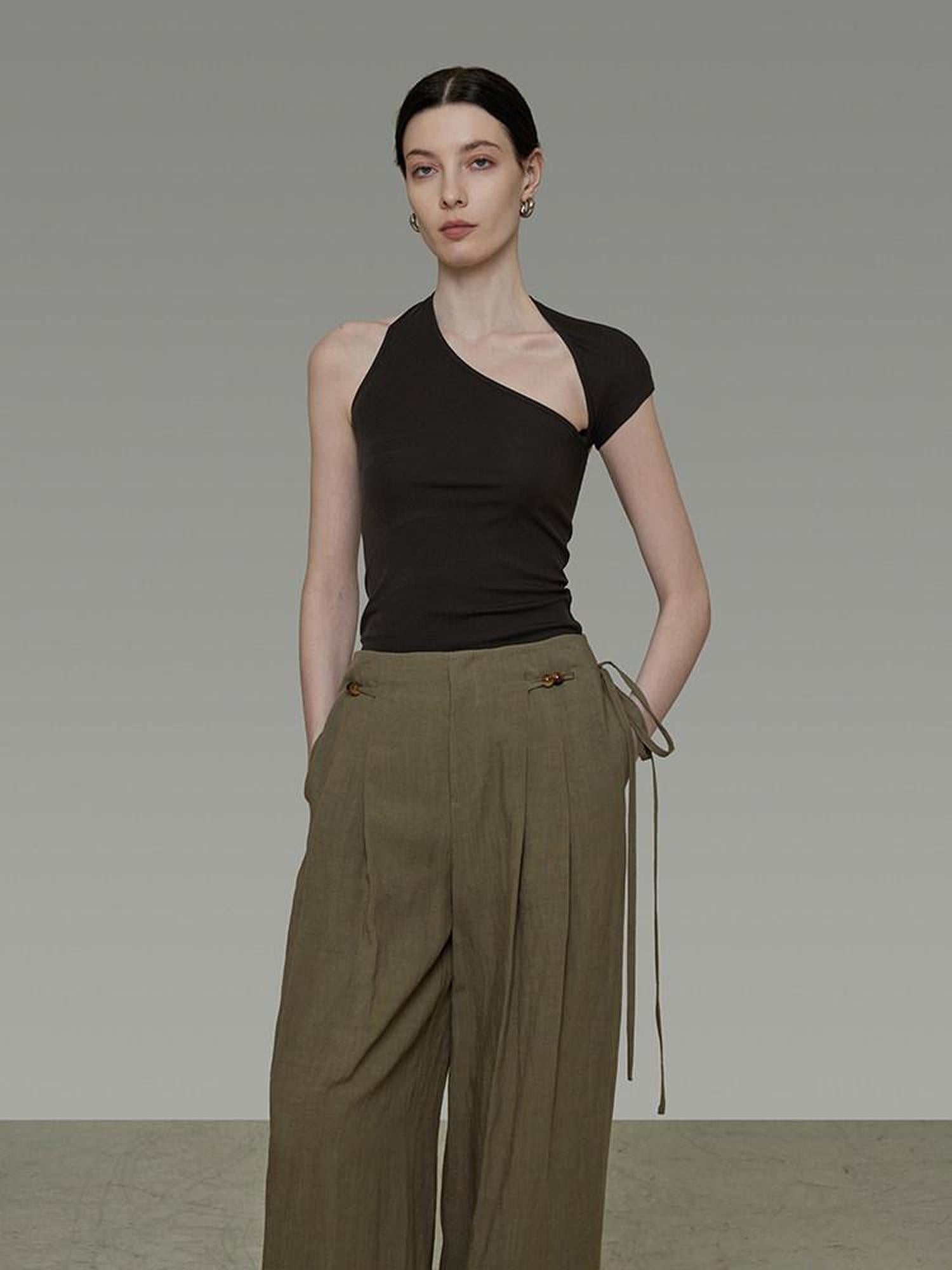unspoken Soft Lyocell Asymmetric Neck Fitted Stone Green Off Shoulder Crop Tops