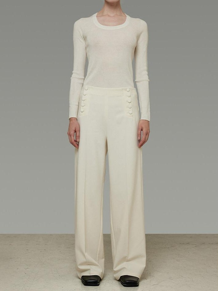 unspoken Breathable High Waist Button Detail Minimal Womens Office White Wide Leg Pants