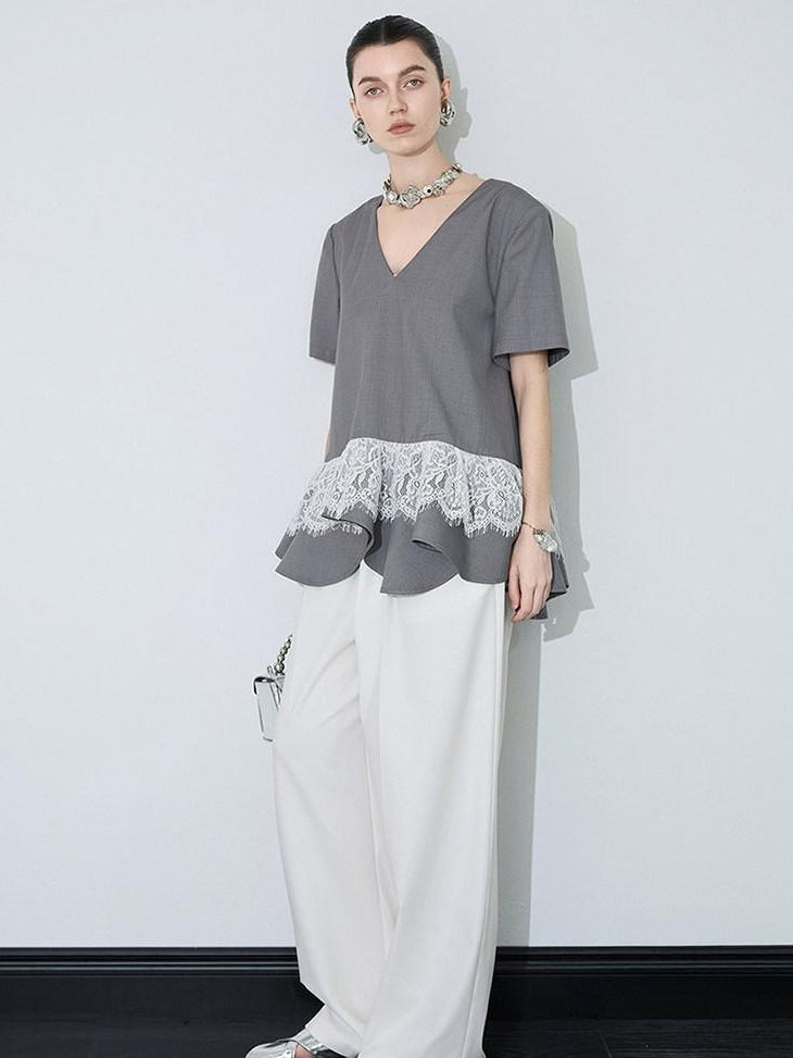audreyyang Cotton Blend Commuter Patchwork Loose V-neck Heather Gray Short Sleeve T-Shirts