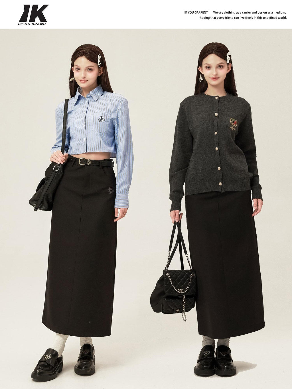 ikyou High Waist Embroidered A Line Minimal Office Midi Khaki Black Maxi Skirts