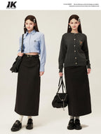 ikyou High Waist Embroidered A Line Minimal Office Midi Khaki Black Maxi Skirts