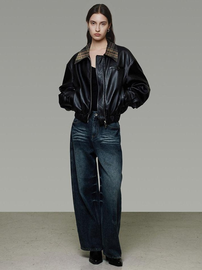 unspoken Commuter Loose Cropped Colorblock Patchwork Lapel Zipper Leather Jackets