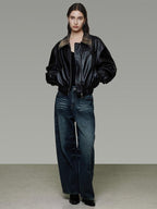 unspoken Commuter Loose Cropped Colorblock Patchwork Lapel Zipper Leather Jackets