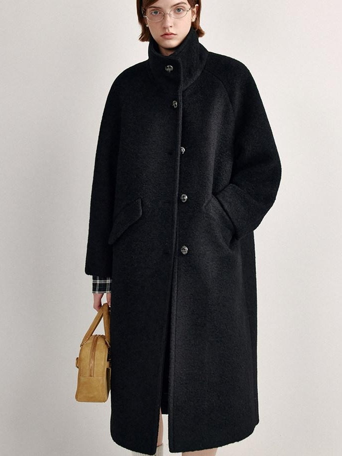 fano Soft Wool Blend Straight Cut Stand Collar Pockets Commuter Midlength Wool Coats