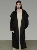 unspoken Pure Sheepswool Long Belted Lapel Loose Tailored Office Coffee Brown Wool Coats