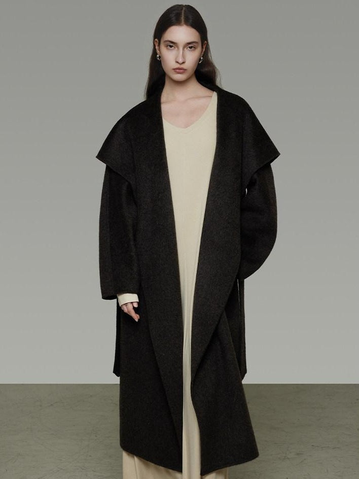unspoken Pure Sheepswool Long Belted Lapel Loose Tailored Office Coffee Brown Wool Coats