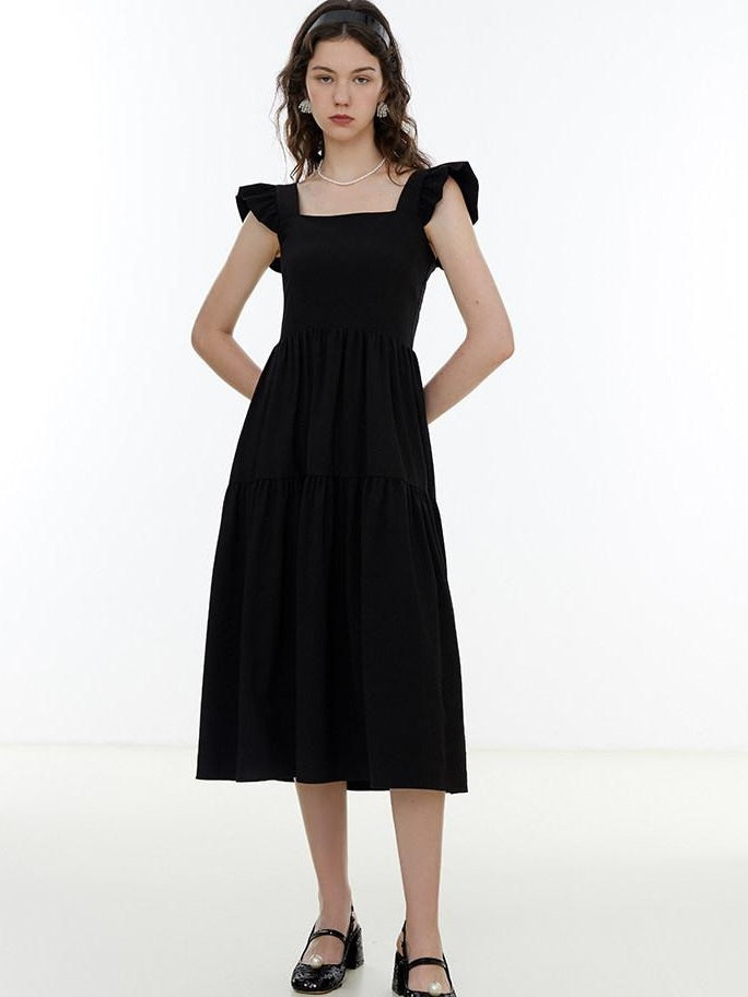 fano High Waist Ruffle A Line Square Neck Office Casual Maxi Dresses