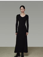unspoken Breathable Minimalist High Waist Aline Knit Long Sleeve Women Black Maxi Dresses