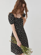 fano Black Floral Puff Sleeve V-neck High Waist A Line Office Chic Midi Dresses