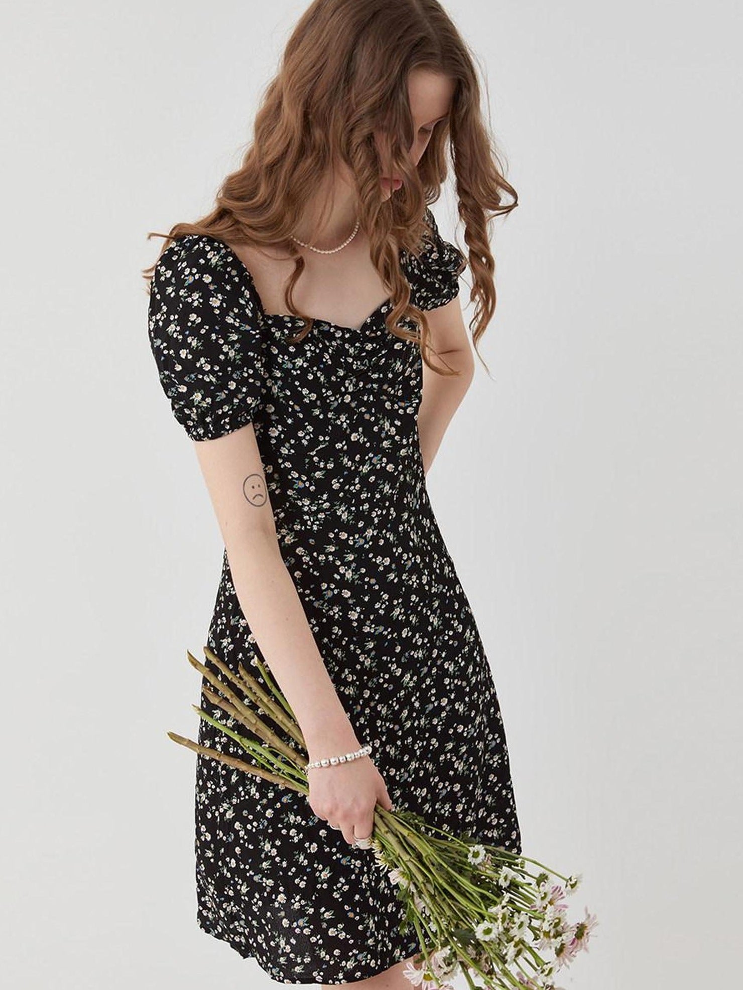 fano Black Floral Puff Sleeve V-neck High Waist A Line Office Chic Midi Dresses