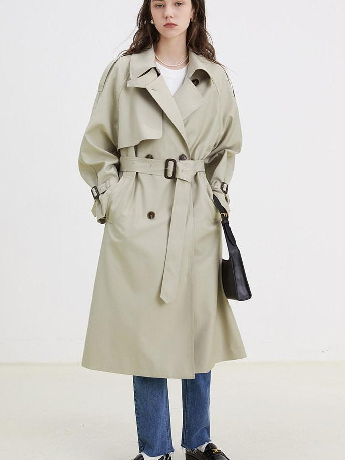 fano Classic Double Breasted Long Straight Fit Commuter Women Khaki Trench Coats