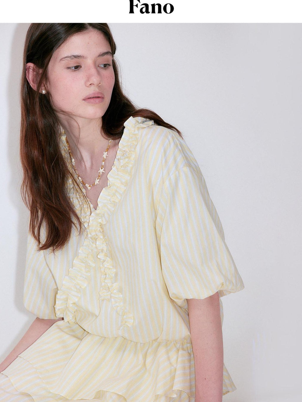 fano Pure Cotton High Waist Ruffle Puff Sleeve V-neck Yellow Striped Midi Dresses