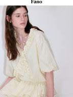 fano Pure Cotton High Waist Ruffle Puff Sleeve V-neck Yellow Striped Midi Dresses