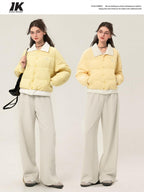 ikyou Embroidered High Waist Minimalist Office Beige Elastic Waist Wide Leg Pants