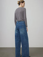 unspoken High Waist Washed Durable Denim Blue Loose Versatile Cotton Wide Leg Jeans