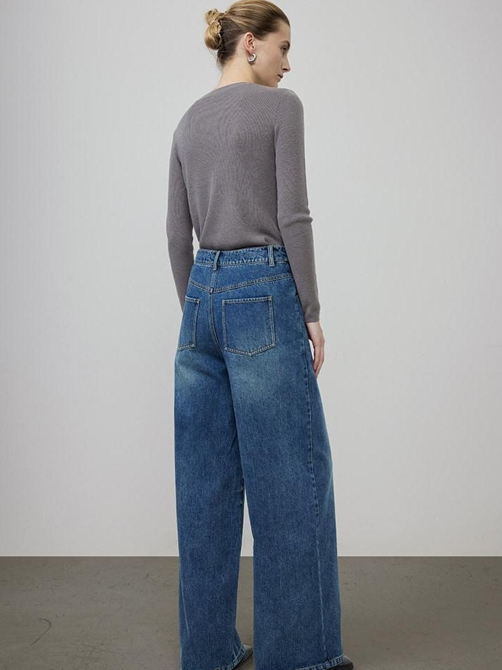 unspoken High Waist Washed Durable Denim Blue Loose Versatile Cotton Wide Leg Jeans