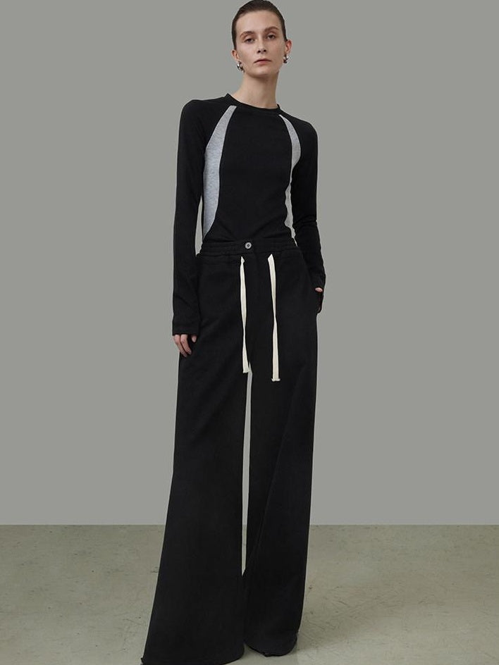 unspoken High Waist Drawstring Pockets Minimalist Workwear For Women Black Wide Leg Pants