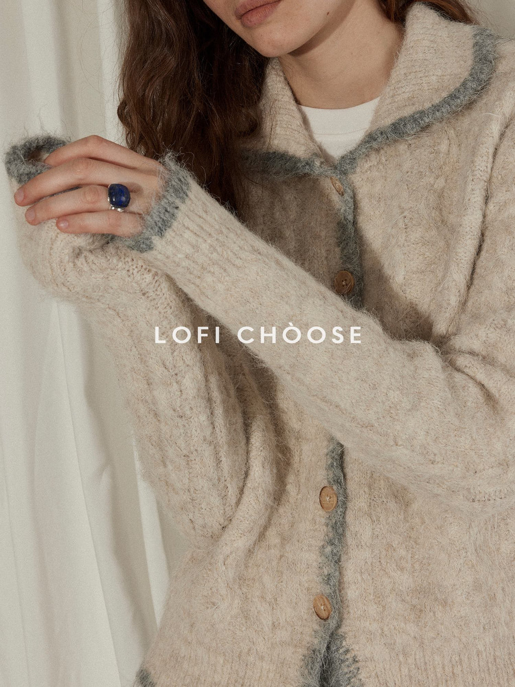 Lofi choose Wool Blend Contrast Trim Relaxed Lapel Button Women Oatmeal Knit Cardigans