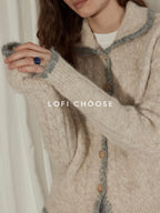 Lofi choose Wool Blend Contrast Trim Relaxed Lapel Button Women Oatmeal Knit Cardigans