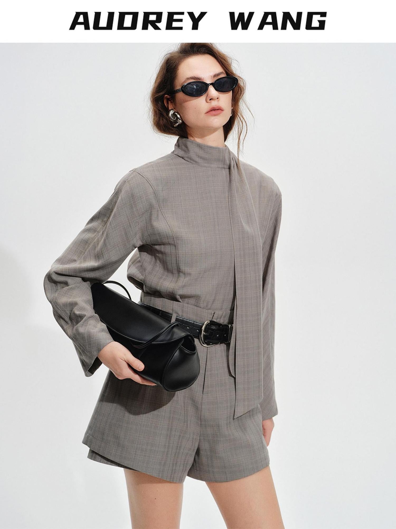 audreyyang Non Deforming Loose Plaid High Neck Long Sleeve Women Grey Top & Shorts Sets