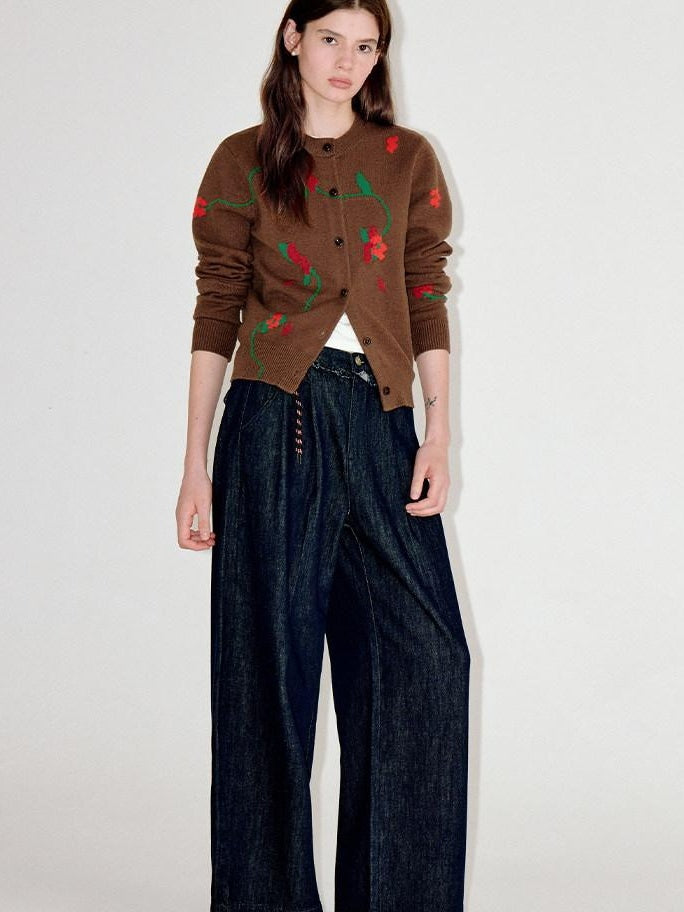 fano Soft Acrylic Blend Oversized Round Neck Single Row Button Women Brown Cardigans