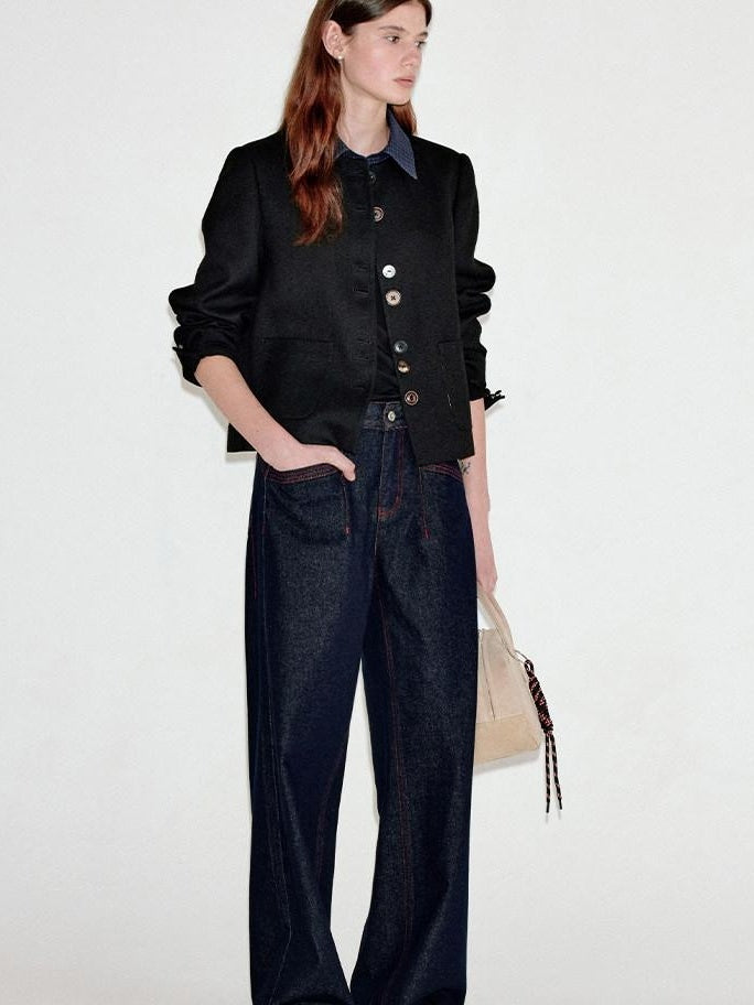 fano Comfortable Cotton Vintage Relaxed Natural Waist Women Raw Denim Wide Leg Jeans