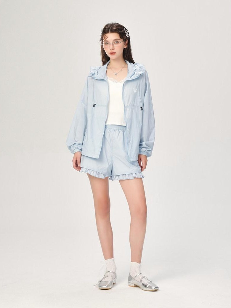 ikyou Upf50+ Breathable Nylon Ruffle Zip Commuter Relaxed Fit Women Top & Shorts Sets