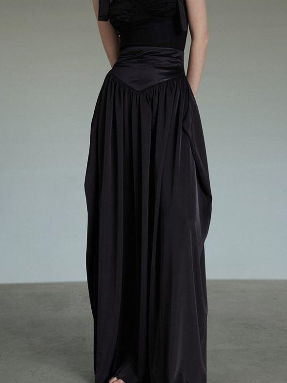 unspoken Light Sheen Black High Waist A Line Minimal Office Stretch Maxi Skirts