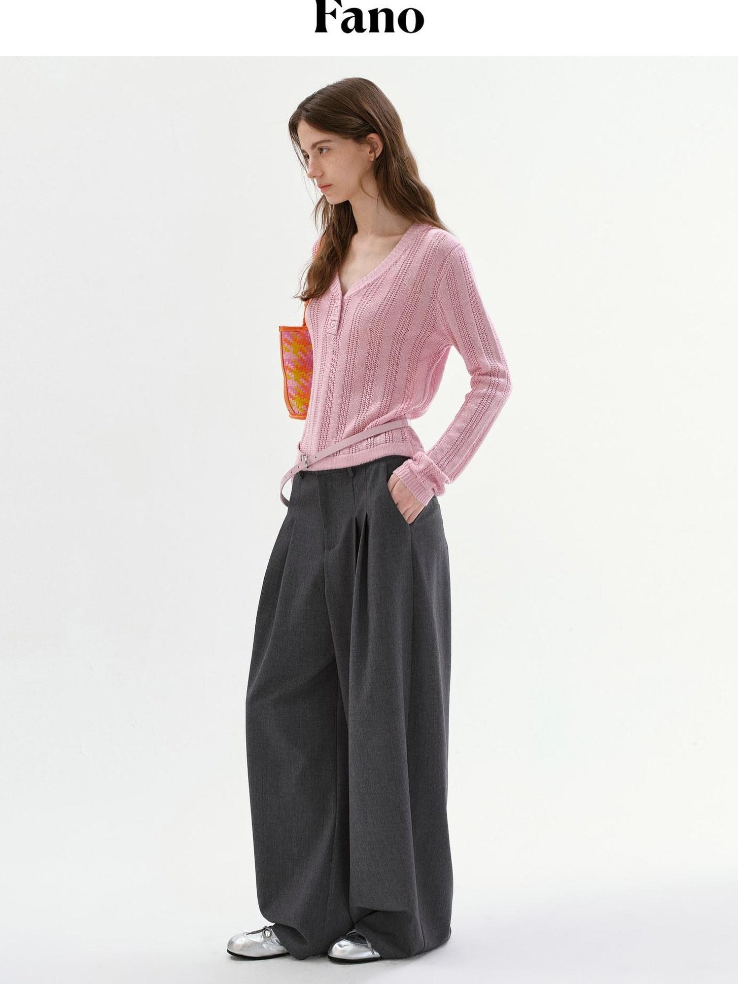 fano Lightweight Mid Rise Minimalist Flowy Young Women Polyester Grey Wide Leg Pants